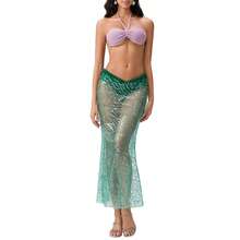 Women Mermaid Outfit, Halterneck Pearled Bra With Sequined Sheer Skirt Halloween Costume 2-Piece Outfit - 藍色 - 查看 4