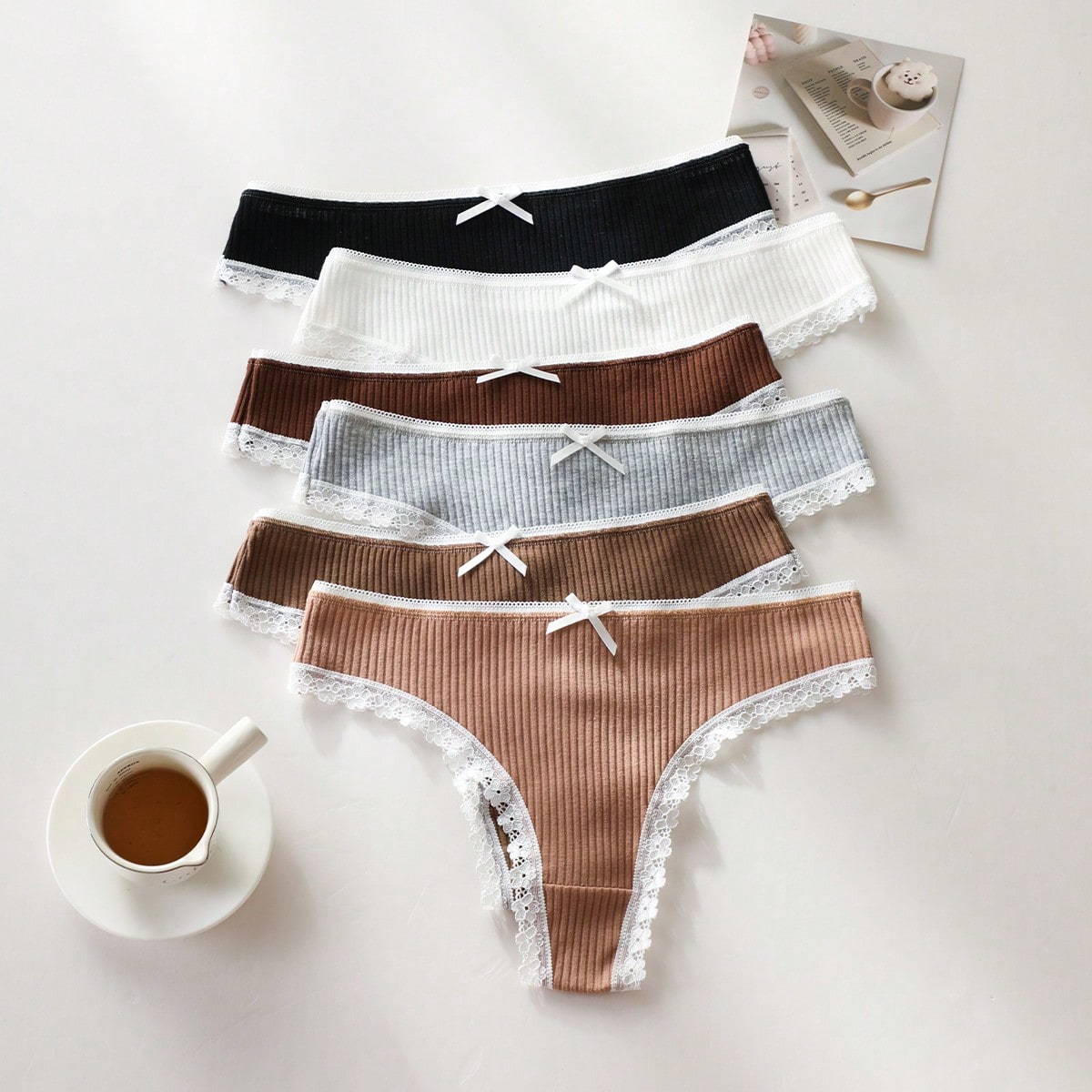 Set de 6 piezas de bragas sexy y transpirables para mujer, incluye calzones con decoración de moño, tangas acanaladas y braguitas con entrepierna de