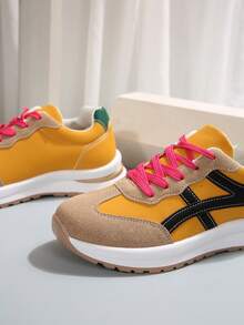 Neue Mode Farbblock Damen Lässig Sportschuhe, vielseitige Freizeitschuhe, geeignet für Lässig, Sport, Laufen, Gehen, Schnürsenkel Studenten Skaterschuhe - Gelb - Übersicht 3