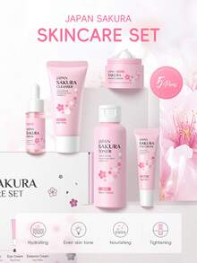LAIKOU 櫻花美白護膚套組 (潔面乳 50g & 化妝水 100ml & 精華液 17ml & 眼霜 15g & 面霜 25g) 深層滋養保養禮盒 保濕臉部護理 SPA 女士與女孩適用 - 粉色 - 查看 4