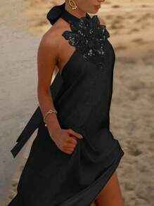 Vestido de satén negro sexy con cuello halter, vestido maxi de satén con bordado floral y espalda descubierta adecuado para vacaciones de verano en la playa, vestido elegante y glamuroso para graduación, regreso a la escuela, vestido de noche para la temporada de bodas, San Valentín, vacaciones en la playa, #VibesDePlayaMarítima #MiradasDeParty #VestidoDeGalán #SexyVestidosNegros