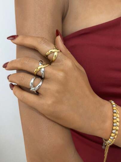 Frminee 3pcs/1pc Geometric X-Shape 18k Gold Plated Stainless Steel Ring, Suitable For Daily Wear, Give Her Gifts