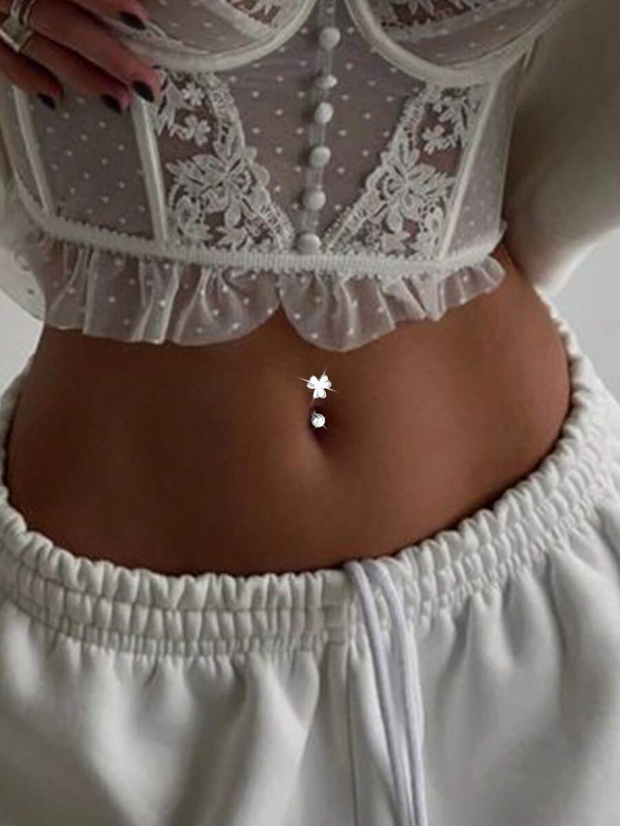 1 chiếc khuyên rốn hình cỏ bốn lá bằng bạc Sterling S925, khuyên rốn dạng tạ dành cho nữ, trang sức xỏ khuyên cơ thể hình ba lá. - Móng rốn đơn - Xem 1