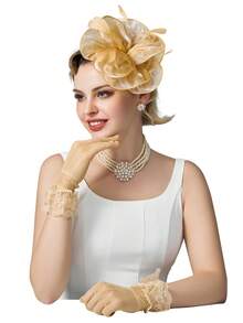 3Pcs Fascinators Hats And Lace Gloves Set For Women Tea Party Hat And Gloves Set For Cocktail, Wedding, Fancy Dress Party - 香檳色 - 查看 5