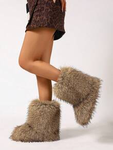 女士渐变色 Y2K 人造毛皮拼布鞋，户外蓬松毛茸茸靴，中筒冬季时尚雪地靴 - 棕色 - 查看 6
