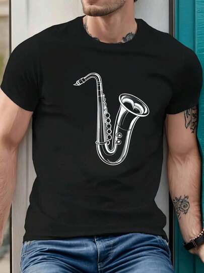 Saxophone Player Music Jazz , Men's 220gsm New Summer Casual Crew Neck Pure Cotton Short-Sleeved T-Shirt(1 PC)