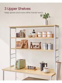 Kitchen Storage Rack, Coffee Bar, Baker's Rack, Total 6 Shelves And 6 Hooks, For Microwave, Steel Frame, Industrial, 40 X 100 X 167 Cm, Oak Colour And White - Kuning - View 3