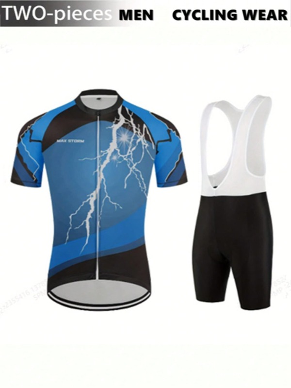 2 Pcs Cycling Jersey Set, Men's Lightning Pattern Short Sleeve 3 Rear Pockets Zip Up Cycling Jacket And Skinny Stretch Shorts Quick Dry Breathable Reflective Stripe Set For Cycling