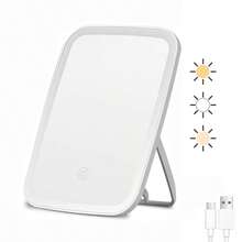 Espelho de Maquiagem com LED Branco, 3 Cores de Iluminação, Iluminação Frontal, Brilho Ajustável, Interruptor de Toque, Design Portátil e Dobrável, Carregamento USB - A Escolha Ideal para Entusiastas da Beleza