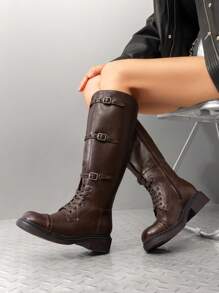 Women's Motorcycle Boots Side Zipper Knee High Boots Square Toe Chunky Low Heel Buckle Decorated Straps Fashion Retro Riding Boots - 棕色 - 查看 9