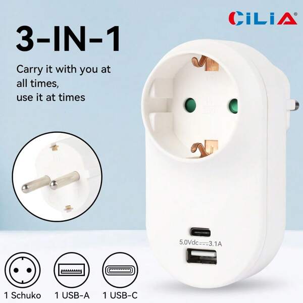 CILIA CILIA 1/2 Stück Europäischer Standard 3-IN-1 Steckdosenverteiler, Steckadapter, 1 Steckdose und 2 USB-Ladeanschlüsse (1 USB-C), für Büro, Wohnzimmer, Küche, Weiß