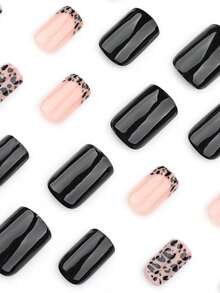 24 件短方形按压指甲，黑色纯色，豹纹法式尖头设计假指甲简约优雅风格假指甲美甲套装全覆盖指甲适合日常佩戴美甲用品指甲 - 黑色 - 查看 2
