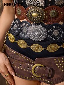 Hershine Nowy pasek w stylu retro western cowboy w stylu boho z 2025 roku. Pasek w stylu punk, w kolorze antycznego brązu, z owalną, ażurową klamrą w kształcie kwiatu, ze skóry PU, z metalową klamrą w kształcie głowy byka i ozdobnymi dodatkami.