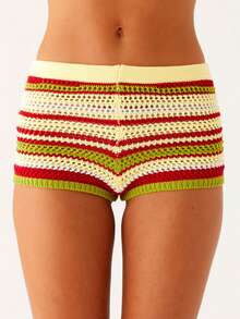 Women's Summer Knitted Shorts Colorful Striped Hot Pants Clubwear For Party Holiday Beach - Màu vàng - Xem 1