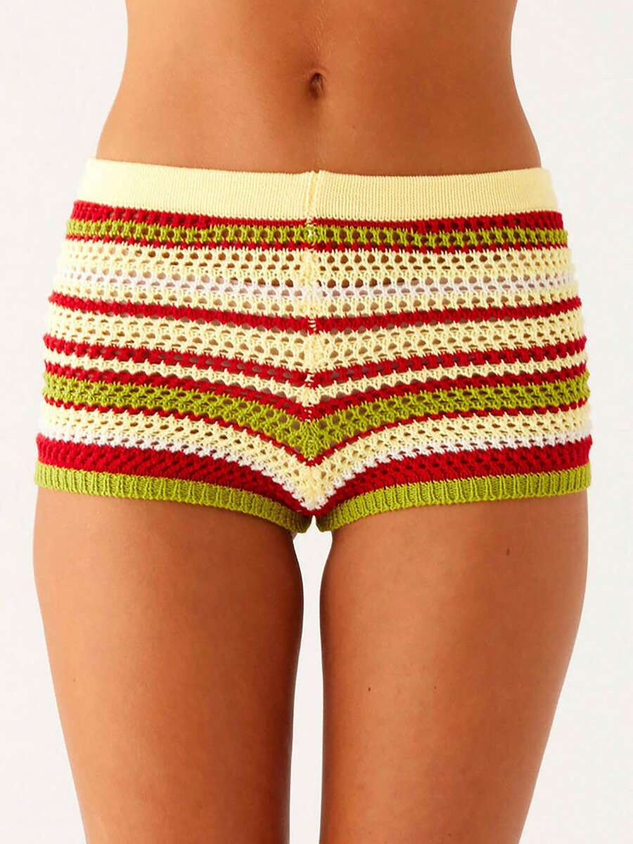 Women's Summer Knitted Shorts Colorful Striped Hot Pants Clubwear For Party Holiday Beach - Màu vàng - Xem 1