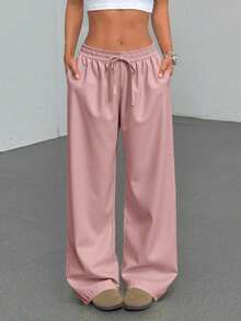 Pantalon Mujer Deportivo Ancho Gris Oscuro Cintura Alta Elastica Cordón Ajustable Bolsillos Amplios Streetwear Lounge Athleisure Casual Moda Urbana Suave Ligero Transpirable Duradero - Rosa - Ver 3