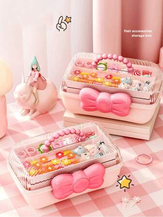 1pc Bowknot Hair Accessory Storage Box, Large Capacity Transparent Cover Layered Desktop Organizer For Children Hair Accessories
