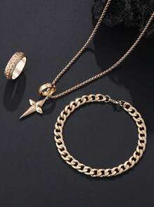 3pcs Men's Fashion Punk Rock Hip Hop Party Accessories Rose Flower Cross Necklace Bracelet Ring Set
