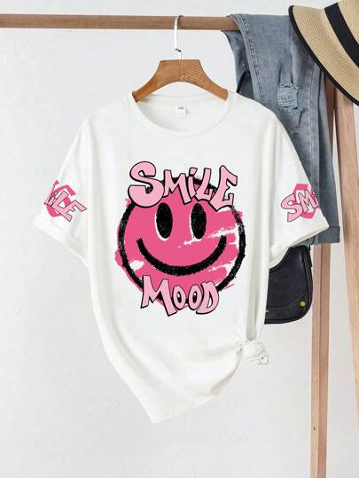 Teen Girls Smile Print Tee, Short Sleeve Loose Soft Stylish Tee, Street Casual Wear Summer, Girls Tops