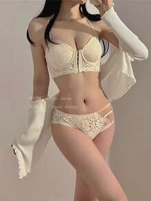Small Breasts Welcome! Underwear/Bra Underwear Set/Underwear Beautiful Breasts Super-Boosting Bra Set Without Steel Rings - Champagne - View 2