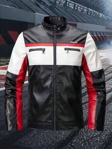 1pc Men's Motorcycle Style Leather Jacket, Black Base With Red & White Color Blocking. Stand Collar Slim Fit Jacket, Sports Casual Motorcycle Jacket, Fall - Black - View 1