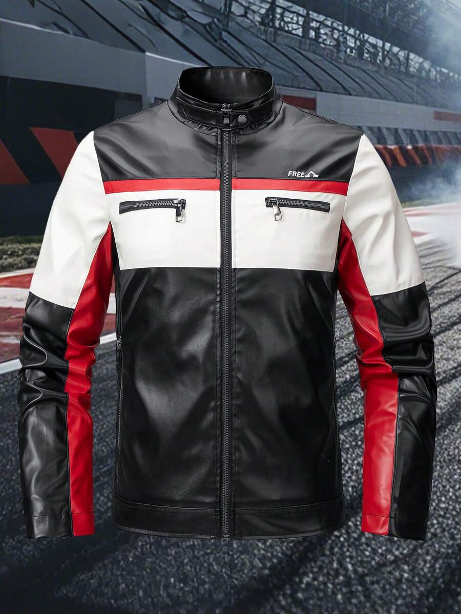 1pc Men's Motorcycle Style Leather Jacket, Black Base With Red & White Color Blocking. Stand Collar Slim Fit Jacket, Sports Casual Motorcycle Jacket, Fall - Black - View 1