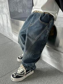 男童宽松直筒牛仔裤，适合秋季休闲、上学、户外穿着