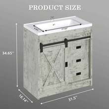 31" Farmhouse Bathroom Vanity With Sink Combo, Freestanding Cabinet With 2 Drawers & Sliding Barn Door, Small Bathroom Storage, White/Grey/Dark Grey/Dark Oak - 灰色 - 查看 2