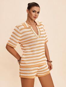 女士新款海边度假旅行时尚休闲运动装，卡其色高档条纹V领POLO衫短袖短裤针织两件套服装，春夏秋季 - 彩色 - 查看 3