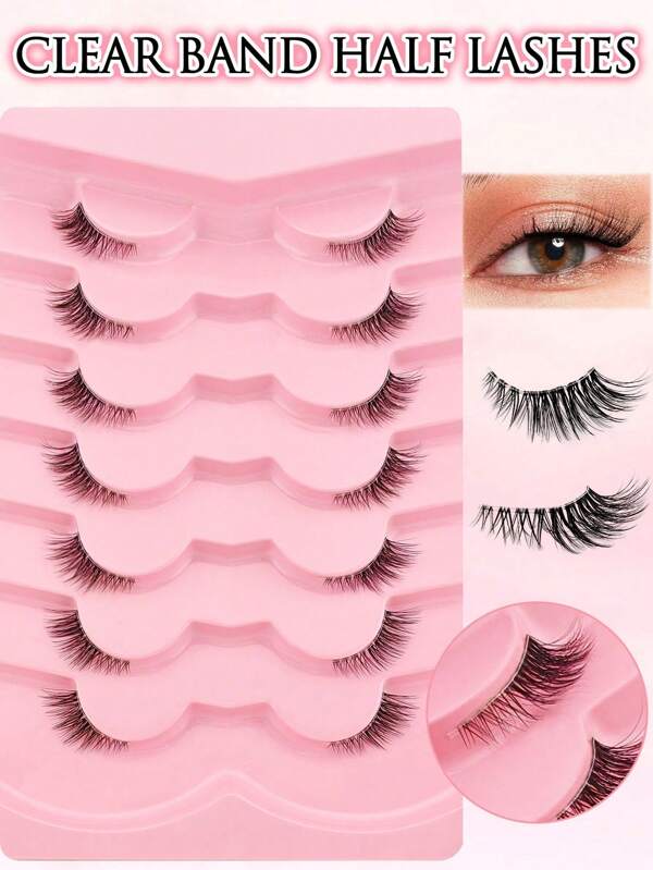7 Pairs Half Lashes Natural Look With Clear Band Wispy Fluffy Cat Eye Look Natural Short Accent Lashes End Lashes Corner Eyelashes 3/4 Lashes Reusable Lashes Pack
