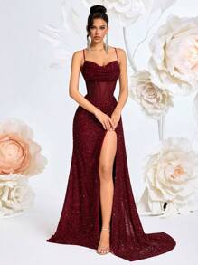 ADYCE Robe à bretelles fines, encolure en V, patchwork de résille pailletée, taille haute, avec ceinture à nouer, dos nu, fendu, convient pour le bal de promo, la soirée