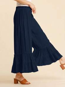 Women's High Waist Palazzo Pants - Elastic Stretchy Wide Leg Lounge Pants With Ruffle Ruched Detail, Loose Fit Boho Beach Trousers For Vacation Summer Casual - Màu xanh lam - Xem 4