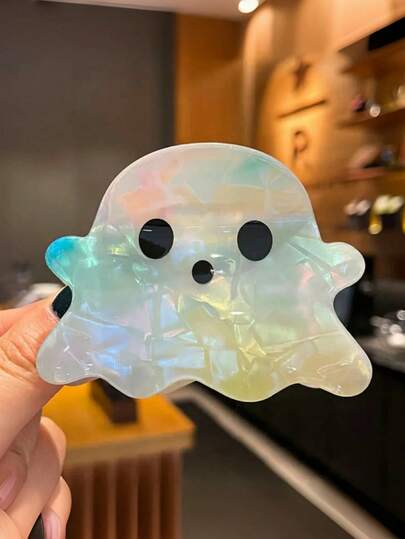 1pc Halloween Ghost-Shaped PVC Hair Claw Clip For Women - Cute Animal Cartoon Design, Iridescent Mixed Color, Medium Size, Sweet Style, Suitable For Ages 14+ - Single Piece, Dazzling Ghost-Shaped Hair Accessory For Ponytails - Perfect For Halloween Parties And Costumes
