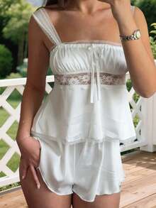 Women Cami Pajama Set, Lace Trim Square Neck Sleeveless Tops + Elastic Waist Mini Shorts 2 Piece Sleepwear Outfit - 白色 - 查看 4
