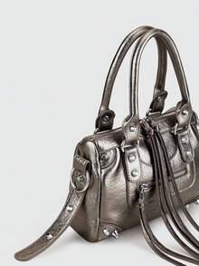 1个枪灰色拼接铆钉金属流苏拉链装饰复古PU材质肩带铆钉双提手可调节长肩带拉链闭合时尚复古甜美朋克Y2K风格方形手提包，休闲低调奢华女士斜挎包，可装手机、卡包，适合日常、旅行、购物 - 槍色 - 查看 10