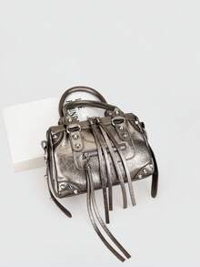 1个枪灰色拼接铆钉金属流苏拉链装饰复古PU材质肩带铆钉双提手可调节长肩带拉链闭合时尚复古甜美朋克Y2K风格方形手提包，休闲低调奢华女士斜挎包，可装手机、卡包，适合日常、旅行、购物 - 槍色 - 查看 5