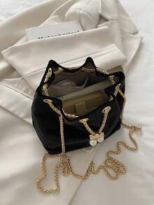 时尚纯色天鹅绒链条肩带迷你水桶斜挎包 - 黑色 - 查看 9