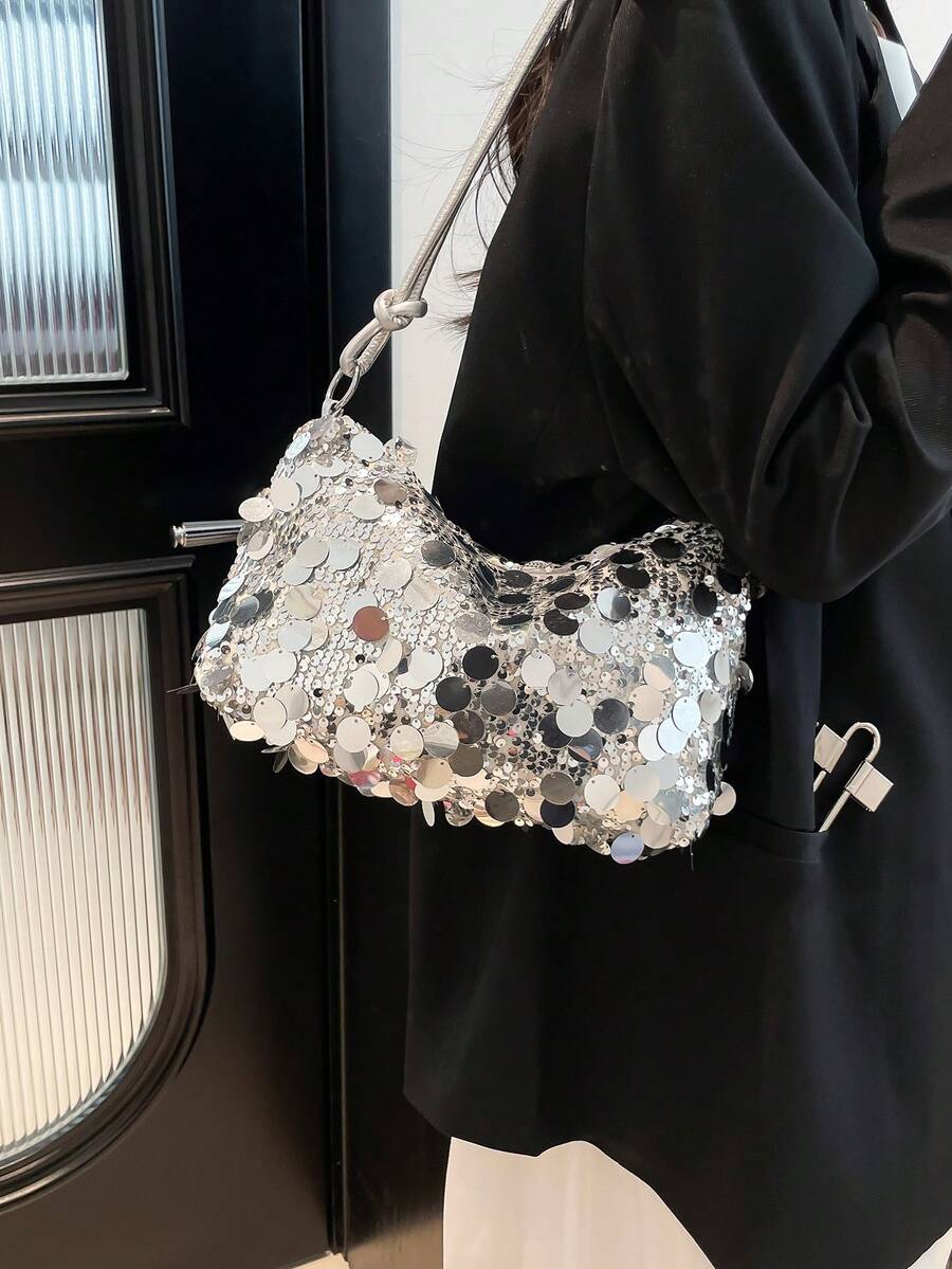 夏季新款亮片腋下包，时尚百搭单肩包，大容量手提包，晚宴单肩包，亮片 - 銀色 - 查看 1