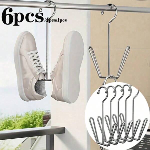 6pcs Shoes Drying Rack, Stainless Steel Shoe Hangers For Household,Stainless Steel Shoe Hangers - 2/4 Packs, Metal Space-Saving Rack With Hooks For Closet Organization, Back To School, Durable Unfinished Metal Construction, Waterproof And Rust-Resistant