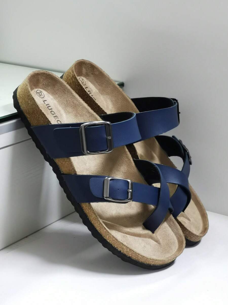 2025新款交叉趾软木拖鞋沙滩凉鞋，男女通用 - 藏蓝色 - 查看 1