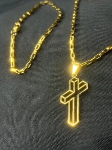 MEN'S CHAIN AND BRACELET SET WITH 3D HOLLOW CROSS PENDANT, 18K GOLD PLATED - 金色 - 查看 3