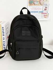 Women's Fashionable Solid Color Letter Minimalist Functional Backpack , Back To School - Black - View 3