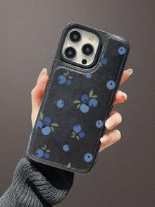 High End Fashion Blueberry Pattern, Handmade Customization, Latest Designer Faux Leather Wallet Case+Shock-Absorbing Frame With Three Card Slots+Cash Slot, Certified Anti Drop Business Simplicity, Fashionable And Practical, Shockproof, Scratch Resistant, Compatible With IPhone 16/16Plus/16Pro/16ProMax/15, 14, 13, 12, 11 Series, Etc. - Black - View 1