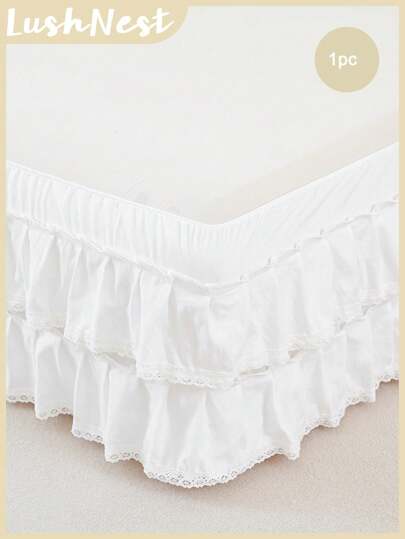 1pc White Polyester Solid Color Bohemian Style Double Ruffle Lace Bed Skirt (1 Bed Skirt), Solid Color Classic, Minimalist And Versatile, Polyester Fabric, Translucent And Warm, Suitable For All Seasons, Applicable To Bedroom, Living Room, Kitchen, Outdoor, Home Decor