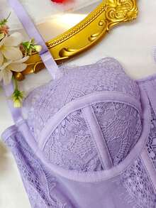 Sujetador sin costuras con tirantes finos de moda, top corto de encaje ceñido y sin tirantes sexy - Morado - Ver 9