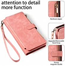 eaacaa 1 pieza Funda de cartera con tapa vintage con múltiples ranuras para tarjetas, correa de muñeca, protección antichoque y antirrobo para iPhone 17 Pro Max/17 Pro/AIR/17/17e/16 Pro Max/15/14/13/12/11, Serie A16 - Rosa - Ver 7