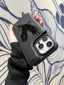 High End Fashion Eagle Pattern, Handmade Customization, Latest Designer Faux Leather Wallet Case+Shock-Absorbing Frame With Three Card Slots+Cash Slot, Certified Anti Drop Business Simplicity, Fashionable And Practical, Shockproof, Scratch Resistant, Compatible With IPhone 16/16Plus/16Pro/16ProMax/15, 14, 13, 12, 11 Series, Etc. - 黑色 - 查看 4