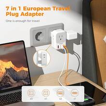 Adaptador de Viaje Universal para Europa: Con 3 Puertos USB (1 Tipo C) y 4 Salidas de CA, Ideal para Viajar de América/México a Italia y España - Blanco y Gris - Ver 4