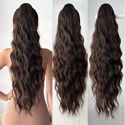 ZURO 26 Inch Long Brown Wavy Synthetic Fiber Claw Ponytail Hair Extensions, Suitable For Women & Girls, For Party & Daily Use