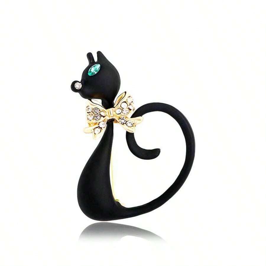 卡通绅士猫合金水钻胸针，时尚长尾猫翻领别针，包袋/服装配饰